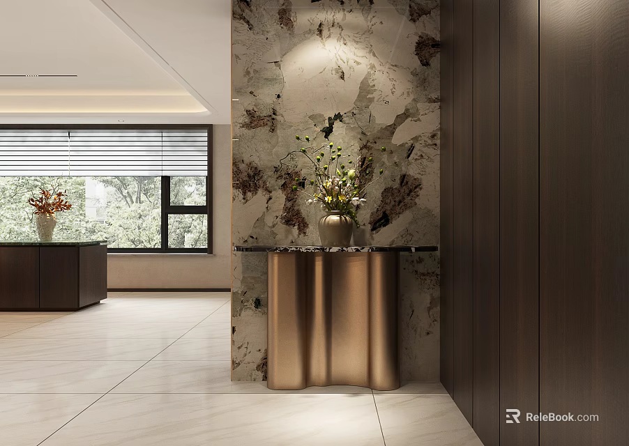 Modern Entryway Console Table With Marble Wall Brass Base And Decorative Plants 3d model