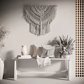 Decorative Ornament Combination With Macramé Wall Hanging Wooden Bench Pillows Dried Flowers And Table Lamp