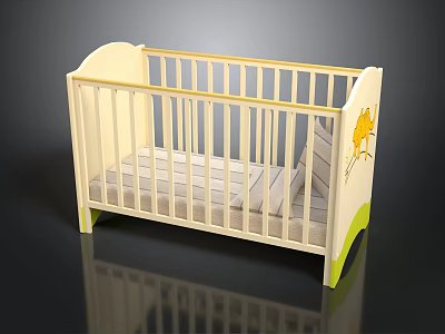 Light Yellow Baby Crib With Cartoon Kangaroo Design Green Legs And Light Gray Mattress 3d model