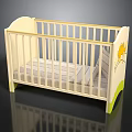 Light Yellow Baby Crib With Cartoon Kangaroo Design Green Legs And Light Gray Mattress