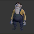 3D Cartoon Old Man Character With Brown Hat White Beard Yellow Shirt And Blue Overalls