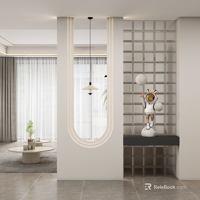 Modern Entryway Design With Arched Doorway Pendant Light Glass Block Wall And Decorative Astronaut Figurine 3d model 