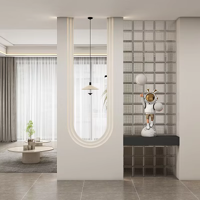 Modern Entryway Design With Arched Doorway Pendant Light Glass Block Wall And Decorative Astronaut Figurine 3d model
