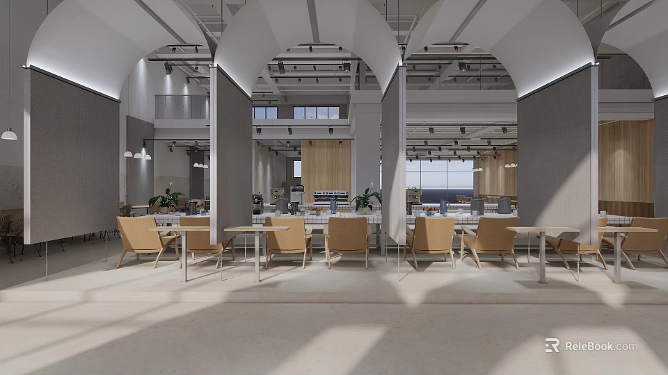 Modern Public Office Space With Open Layout Natural Light Wooden Tables And Green Plants 3d model 