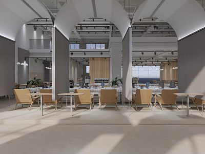Modern Public Office Space With Open Layout Natural Light Wooden Tables And Green Plants 3d model