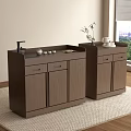 Modern Wooden Tea Cabinet Design With Countertop Tea Set And Green Window View