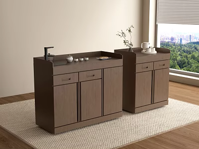Modern Wooden Tea Cabinet Design With Countertop Tea Set And Green Window View 3d model