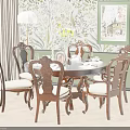 Elegant Modern Dining Table Set with Round Wooden Table Beige Upholstered Chairs and Floral Wallpaper