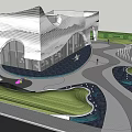 Modern Garden Landscape With Curved Pathways Green Plants Sculptures And Modern Building