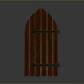 Brown Arched Wooden Door With Metal Hinges And Round Door Knocker