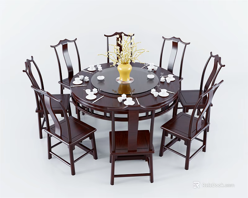 Dark Wood Round Dining Table Set With Six Chairs Vase And Tableware 3d model