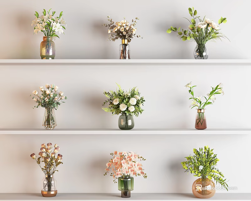 Various Decorative Vases With Fresh Flowers Arranged On White Shelves 3d model 