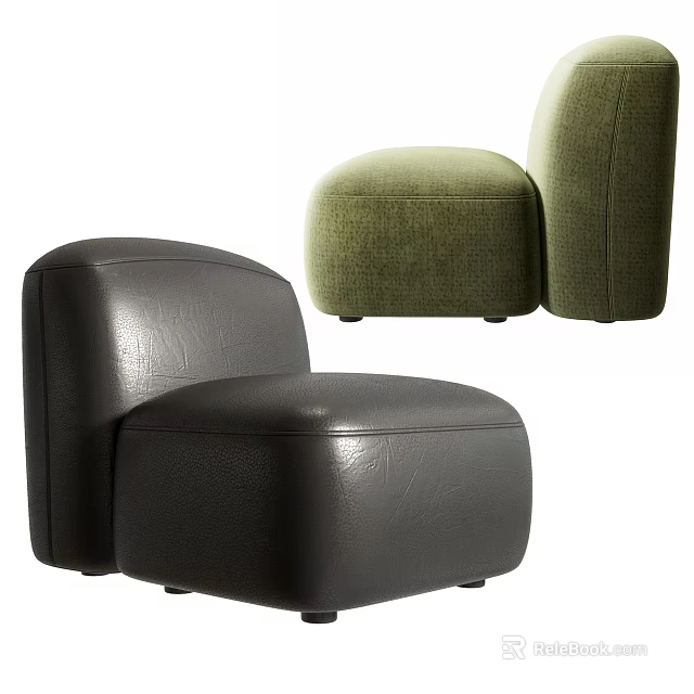 Modern Square Single Sofa In Black Leather And Green Fabric Design 3d model