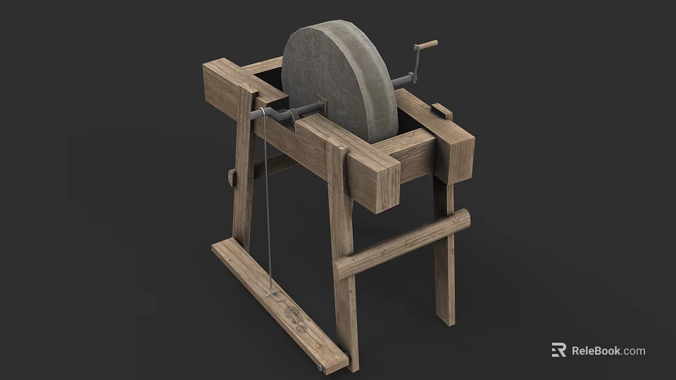 Traditional Wooden Stone Mill With Grinding Wheel And Handle Structure 3d model 