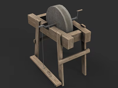 Traditional Wooden Stone Mill With Grinding Wheel And Handle Structure 3d model
