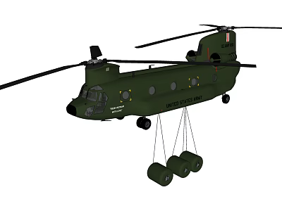 Green U.S. Army Twin Rotor Military Helicopter With Suspended Cylindrical Objects 3d model