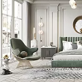 Elegant Modern Bedroom Interior Design With Green Headboard Bed Round Mirror Chandelier And Green Armchair
