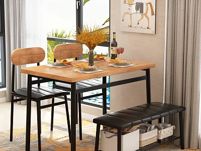 Modern Dining Table Set With Wooden Top Two Chairs Black Bench Storage Baskets And Flowers 3d model