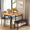 Modern Dining Table Set With Wooden Top Two Chairs Black Bench Storage Baskets And Flowers