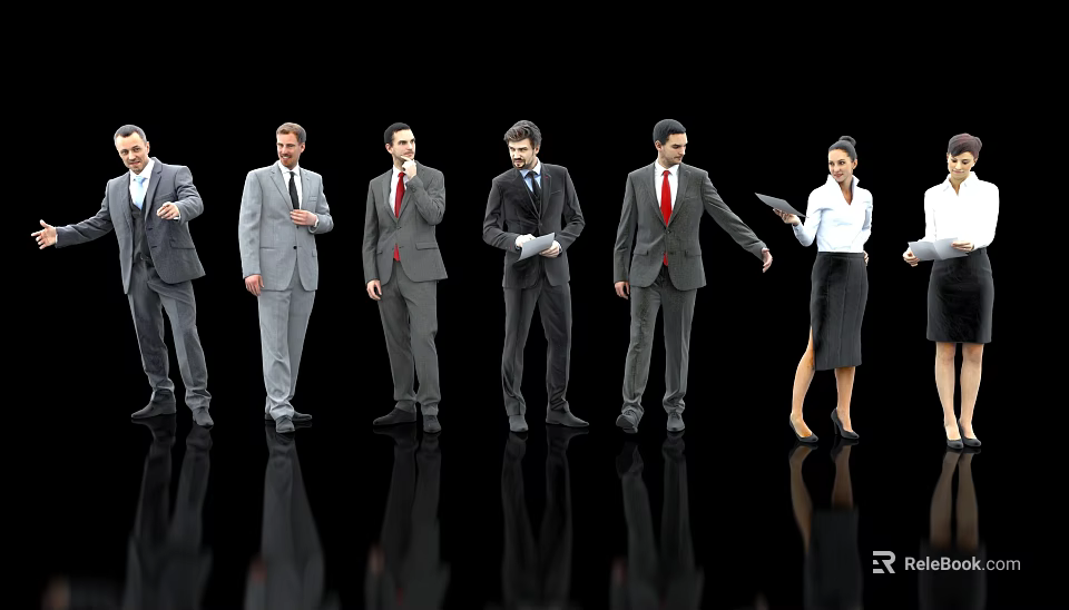 Business Professionals In Formal Suits Standing In Various Poses On Black Reflective Floor 3d model 