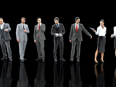 Business Professionals In Formal Suits Standing In Various Poses On Black Reflective Floor 3d model