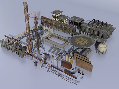 Detailed Industrial Equipment 3D Model Featuring Crane Pipes Storage Tanks And Factory Structures 3d model