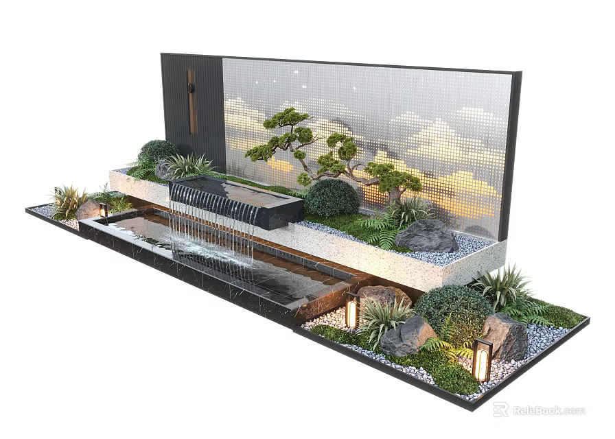 Modern Water Fountain Landscape Design With Flowing Water Green Plants Stones And Warm Lighting 3d model 