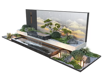 Modern Water Fountain Landscape Design With Flowing Water Green Plants Stones And Warm Lighting 3d model