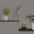 Modern Vase Floral Arrangements with Green Plants and Dried Branches on Wooden Shelves