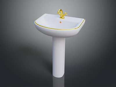 White Pedestal Sink With Gold Trim And Elegant Gold Faucet Design 3d model