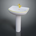 White Pedestal Sink With Gold Trim And Elegant Gold Faucet Design