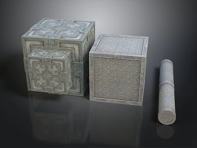 Intricate Carved Stone Sculptures Featuring Cubes And Cylinder With Detailed Patterns 3d model