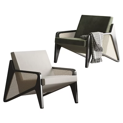 Stylish Single Chair With Beige Dark Green Upholstery Black Frame Woven Armrests 3d model