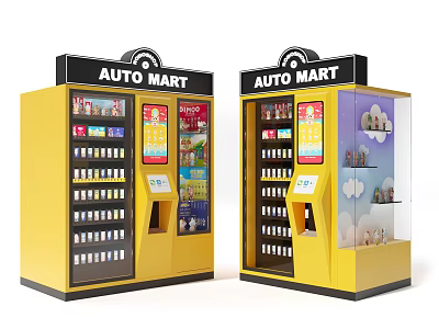 Yellow Auto Mart Vending Machines With Glass Doors And Interior Product Displays 3d model