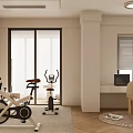 Modern Recreation Room Interior With Exercise Bikes White Sofa And Decorative Shelves