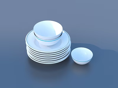 White Dinnerware Set With Blue Rim Stacked Plates And Bowls 3d model