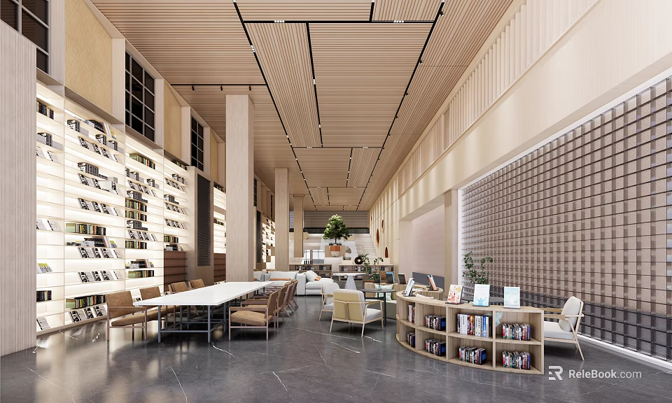 Book Art Themed Modern Library Interior With Bookshelves Cozy Reading Tables And Green Plants 3d model 