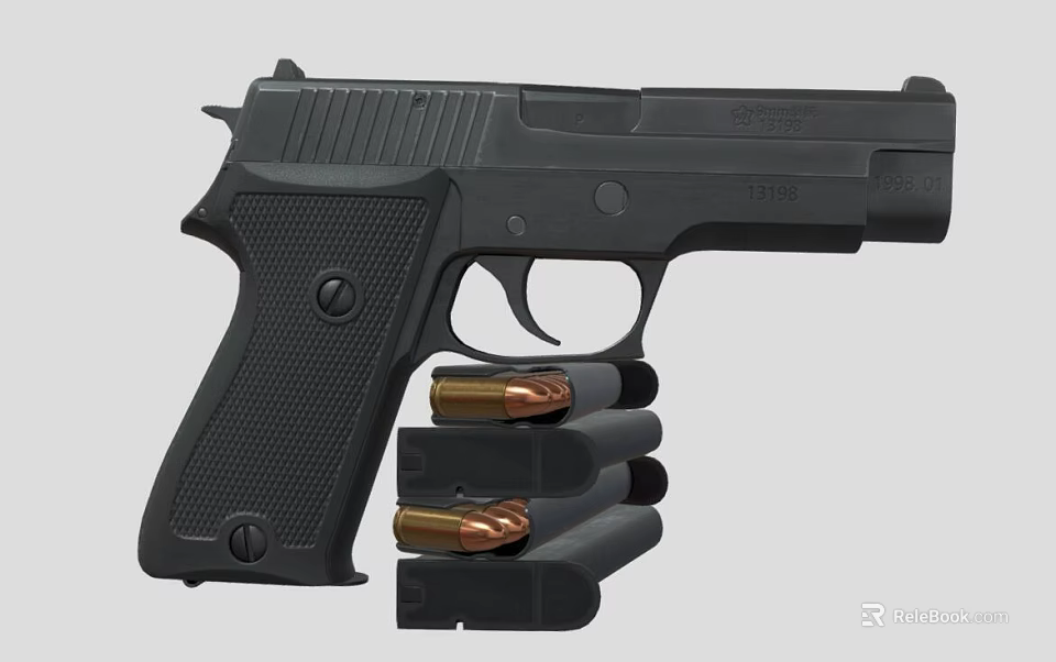 Black Tactical Pistol With Stacked Magazines And Bullets On Gray Background 3d model 
