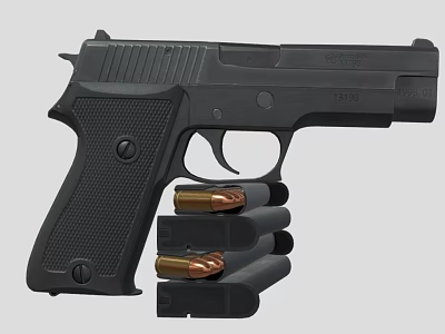 Black Tactical Pistol With Stacked Magazines And Bullets On Gray Background 3d model