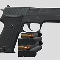 Black Tactical Pistol With Stacked Magazines And Bullets On Gray Background