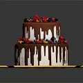 Two Tier Cake With White Frosting Chocolate Drizzle And Fresh Fruit Toppings On Blue Plate