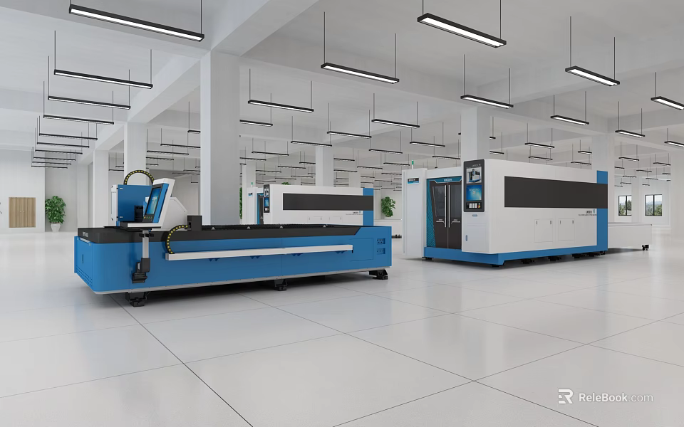Blue And White Industrial Laser Cutting Machines In Spacious Modern Workshop 3d model 