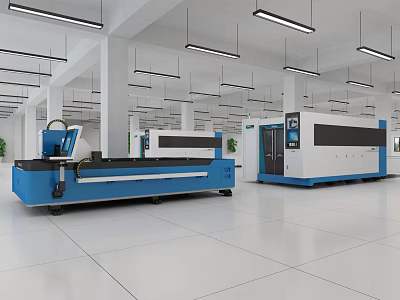Blue And White Industrial Laser Cutting Machines In Spacious Modern Workshop 3d model