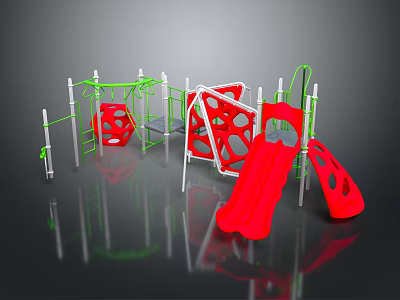 Outdoor Playground Equipment with Red Slides Green Frames and Climbing Structures for Kids 3d model