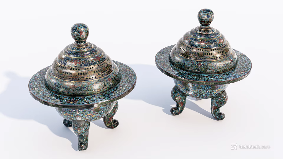 Decorative Ornament Set With Intricate Patterns Tripod Base And Colorful Enamel Design 3d model 