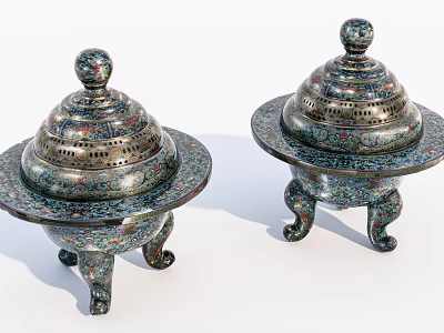 Decorative Ornament Set With Intricate Patterns Tripod Base And Colorful Enamel Design 3d model
