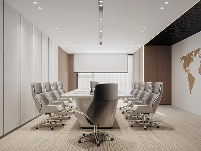 Modern Conference Room Interior Featuring Large Table Ergonomic Chairs Projection Screen And World Map 3d model