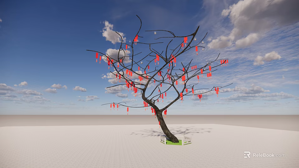 Leafless Tree With Red Ribbons On Branches Under Blue Sky White Clouds On Light Ground 3d model 