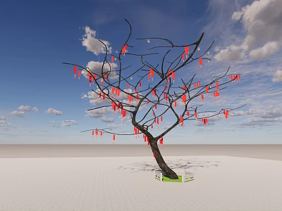 Leafless Tree With Red Ribbons On Branches Under Blue Sky White Clouds On Light Ground 3d model