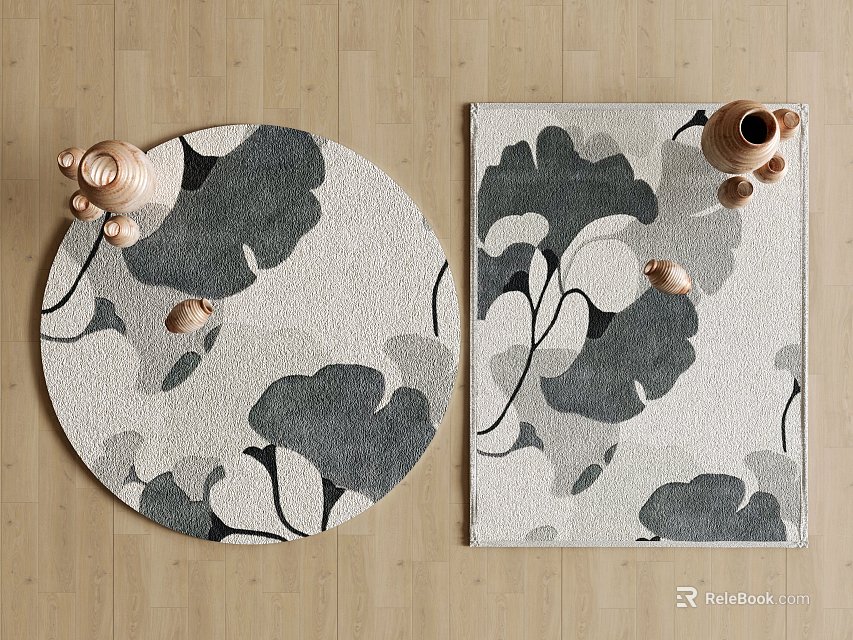 Round Carpet With Gray And White Leaf Pattern On Wooden Floor With Wooden Decorative Objects 3d model 